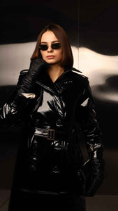 black patent faux leather trench coat for women