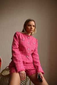 pink tweed suit with shorts