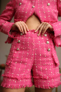 pink tweed suit with shorts
