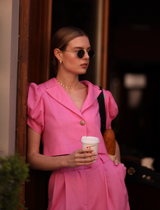 pink linen blazer