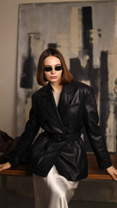 black faux leather cropped trench coat