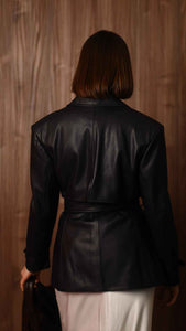 black faux leather cropped trench coat