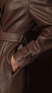 brown faux leather cropped trench coat